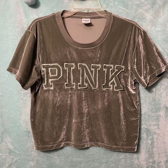 VS PINK Sage Velour Crushed Velvet Crewneck Crop Tee Top Olive Green M - Picture 1 of 4